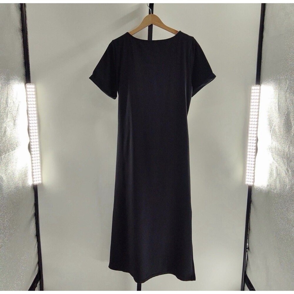 Quince Women Stretch Cotton Jersey Side Tie Midi Dress TRUE Black L - Picture 2 of 5